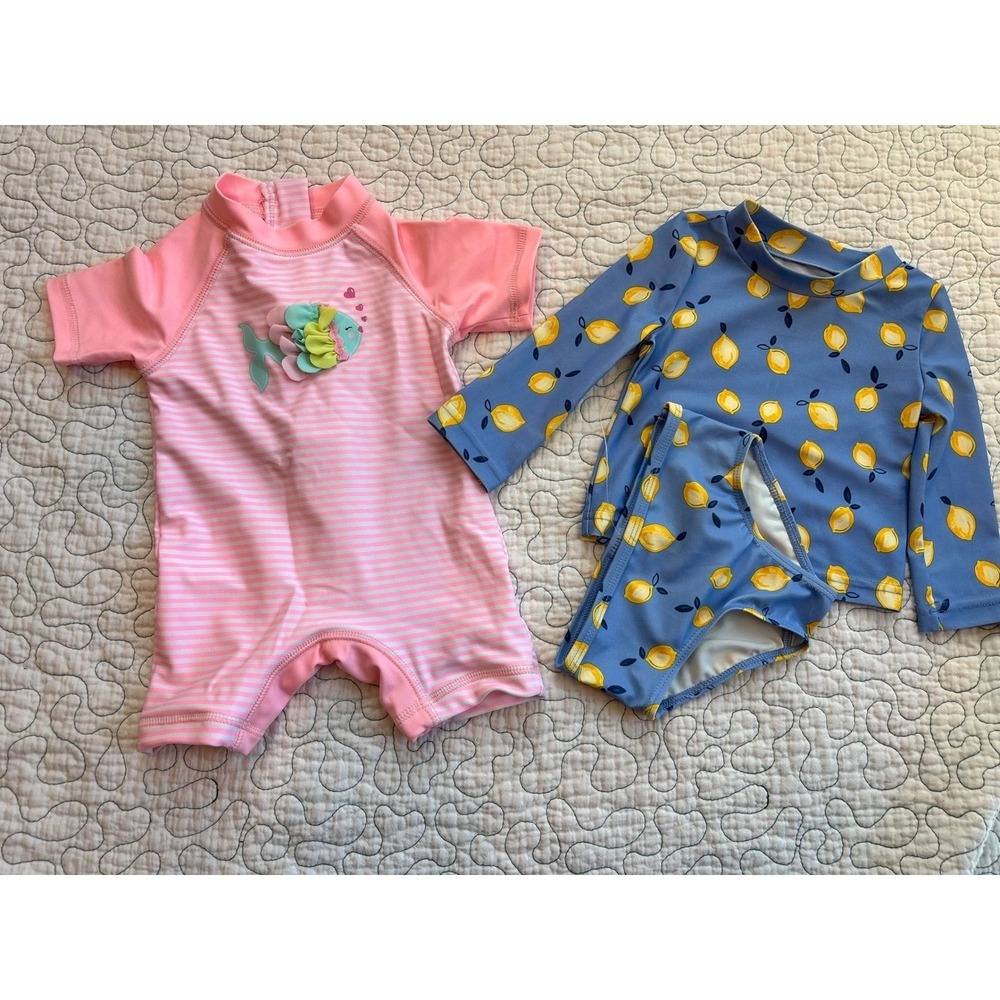 Little Me And Carter's Girls Fish And Lemon Rash Guard Swimsuit Set 6/9M And 6M